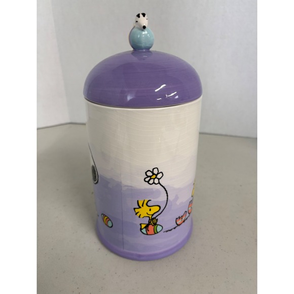 Peanuts Snoopy Woodstock Easter Ceramic Cookie Jar Canister Purple White - Picture 3 of 10